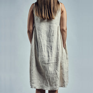 Sleeveless hand woven linen dress in powder