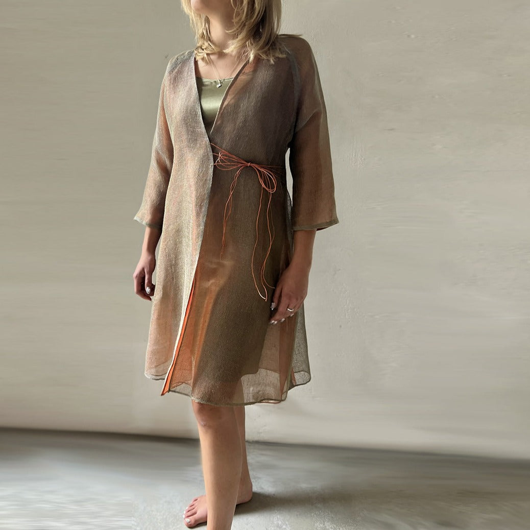 Handcrafted Linen kimono dress in green and orange with silk strings and orange organza silk lining