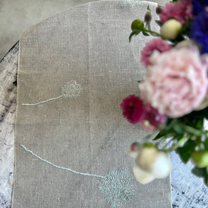 Linen table runner in natural with embroidered 5 blue dandelions 50x150 cm