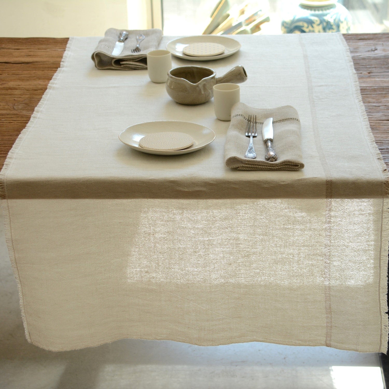 Linen table runner Ieva in white with silver stripe 65x160 cm