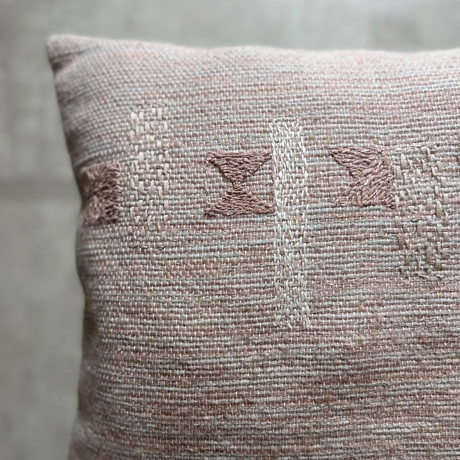 Handcrafted linen, mohair, merino and alpaca wool cushion in powder pink with embroidery 50x50 cm