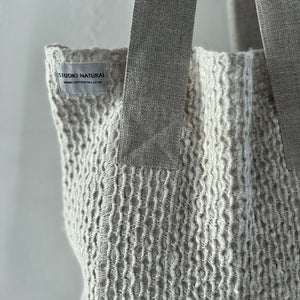 Handwoven Linen shopper bag Mezgine in white and natural color 44x45cm with natural color holders