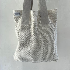 Handwoven Linen shopper bag Mezgine in white and natural color 44x45cm with natural color holders