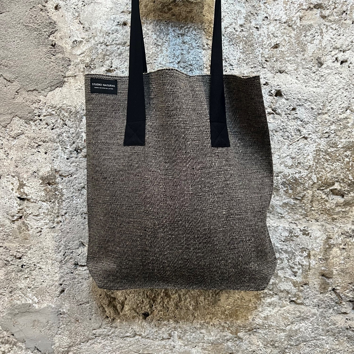 Linen shopper bag Primit in black and natyral 48x49cm with black holders