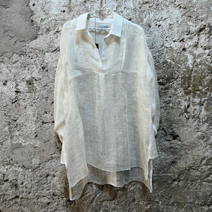 Handwoven Linen Blouse in white with Embroidery in size L