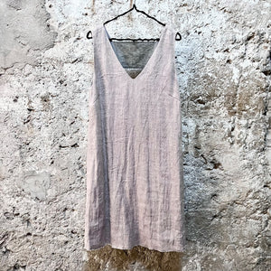 Handwoven Linen summer A-line dress in plum with inseam pockets and silk lining in size M