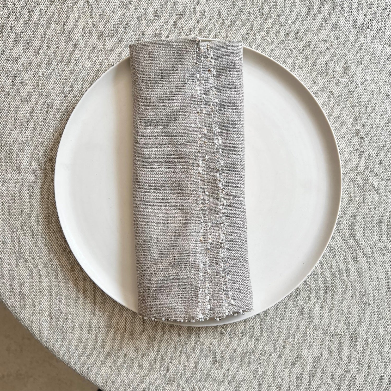 Handwoven Linen napkin with shimmer and hand sewn pearls 50x50 cm
