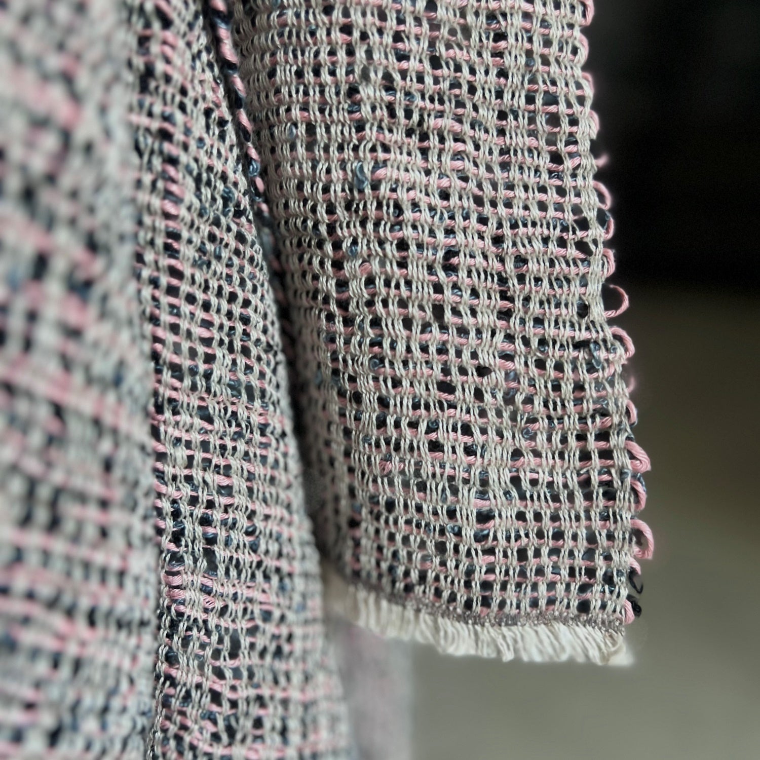 Handwoven boucle linen throw ZM Ieva in mixed colors (natural, black, bluegray and pink) with small fringes 115x205 cm