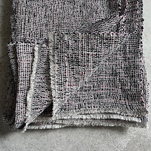 Handwoven boucle linen throw ZM Ieva in mixed colors (natural, black, bluegray and pink) with small fringes 115x205 cm