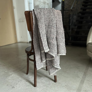 Handwoven boucle linen throw ZM Ieva in mixed colors (natural, black, bluegray and pink) with small fringes 115x205 cm