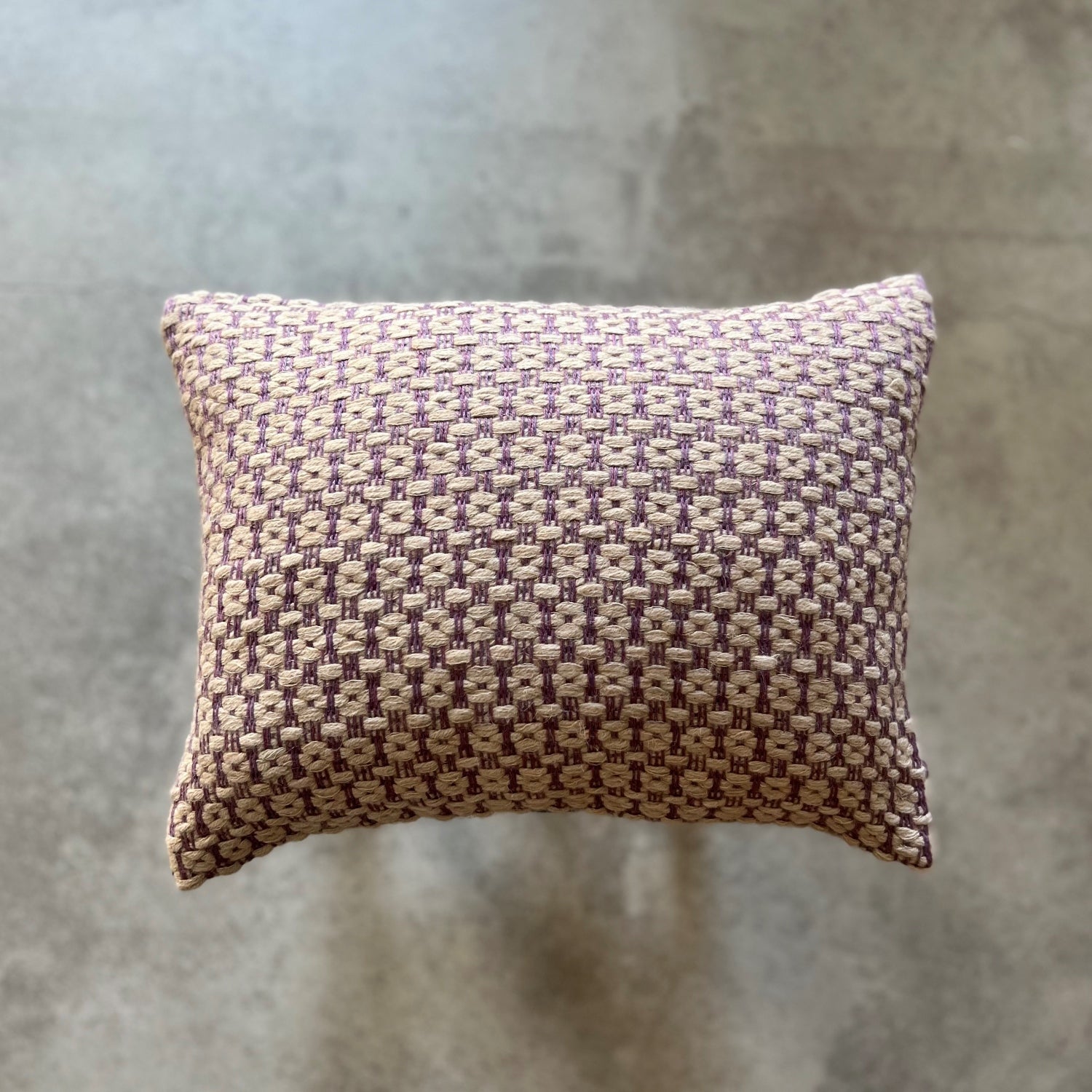 Handwoven Linen Camel Wool cushion in Plum and Beige 45x35cm