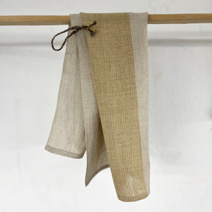 Handwoven linen kitchen towel in natural with mustard wide middle line 45x70 cm