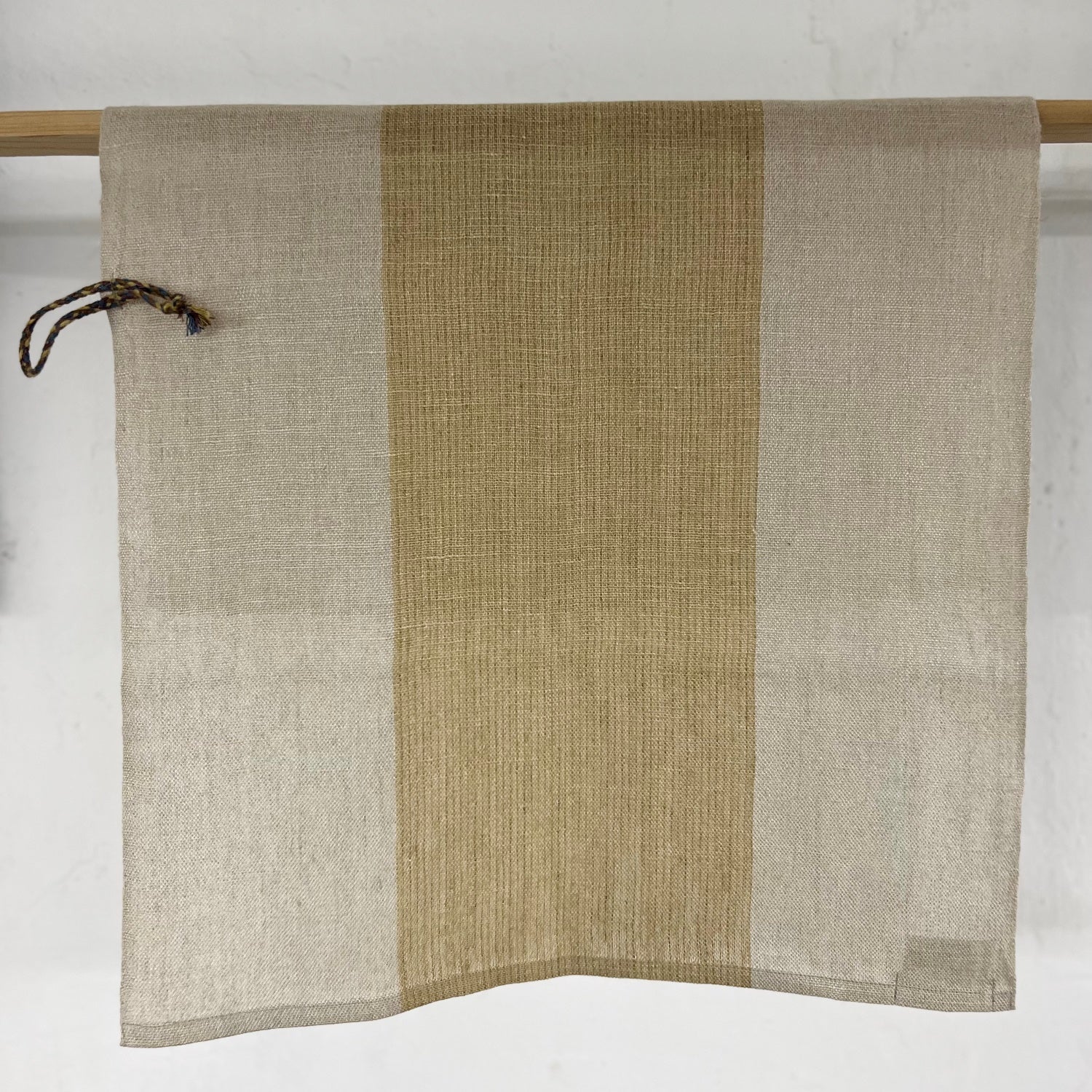 Handwoven linen kitchen towel in natural with mustard wide middle line 45x70 cm