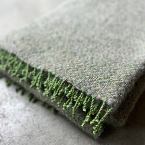 Handwoven linen mohair throw in green and gray with hand-twisted fringes 135x190 cm