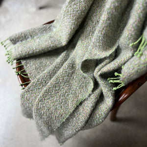 Handwoven linen mohair throw in green and gray with hand-twisted fringes 135x190 cm