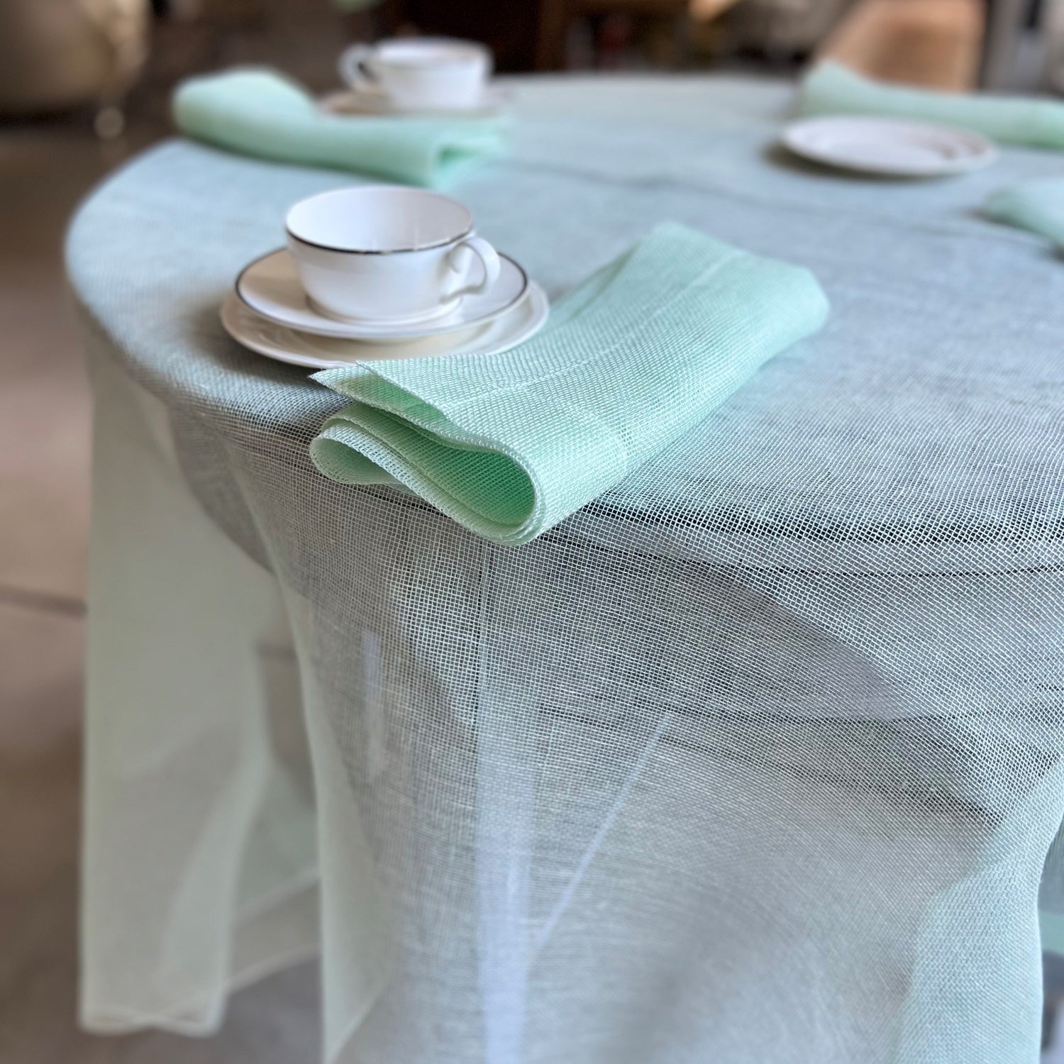 Handwoven linen tablecloth in mint color