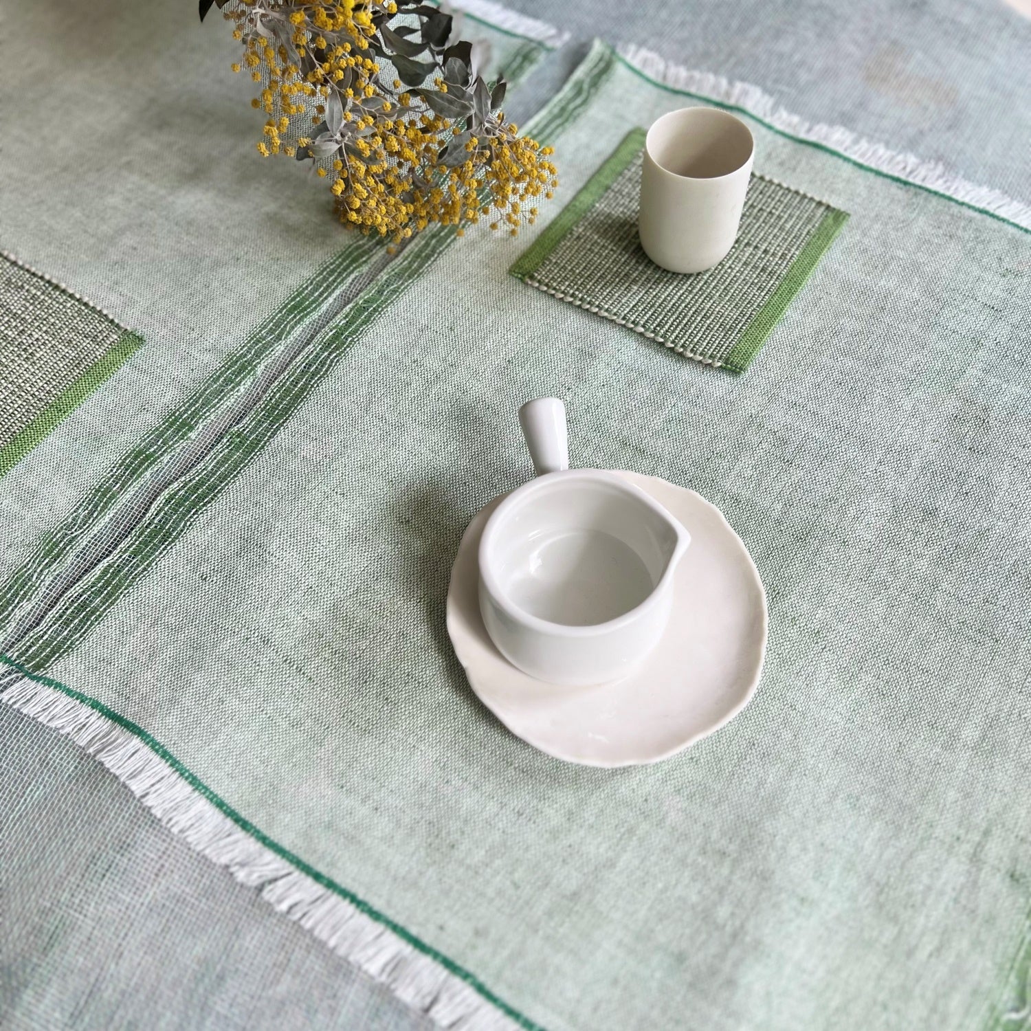 Handwoven linen placemat 40x45 cmand coaster 13x13 cm Mother's Day gift set in pistachio green color