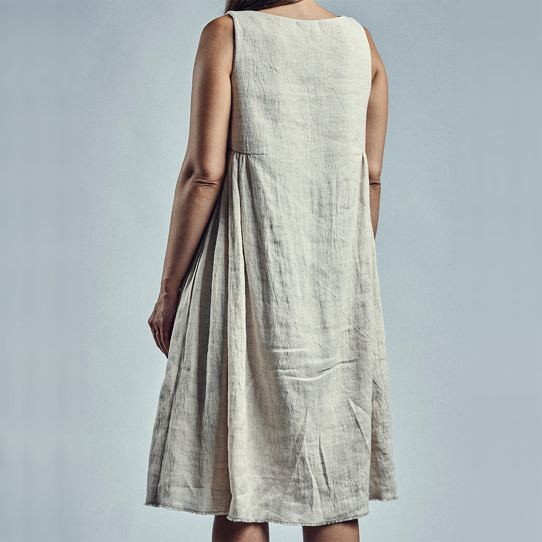 Sleeveless hand woven linen dress in powder