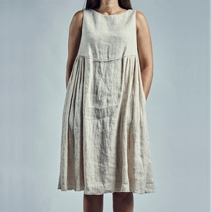Sleeveless hand woven linen dress in powder