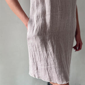 Handwoven Linen summer A-line dress in plum with inseam pockets and silk lining in size M