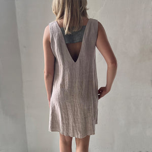 Handwoven Linen summer A-line dress in plum with inseam pockets and silk lining in size M