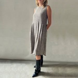 Hand woven boucle linen sarafan dress in anthracite grey and natural