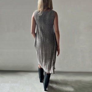 Hand woven boucle linen sarafan dress in anthracite grey and natural