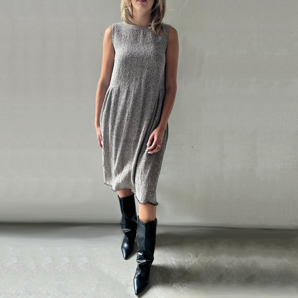 Hand woven boucle linen sarafan dress in anthracite grey and natural