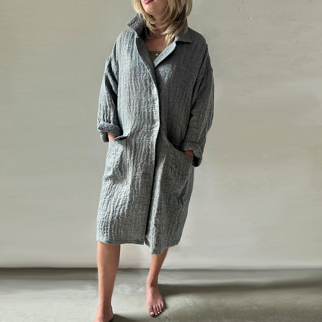 Handcrafted Large Pocket Linen Coat in gray and gold metal