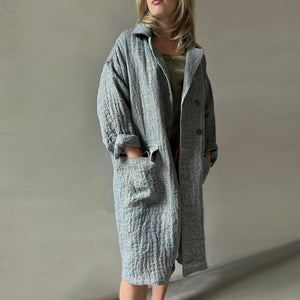 Handcrafted Large Pocket Linen Coat in gray and gold metal