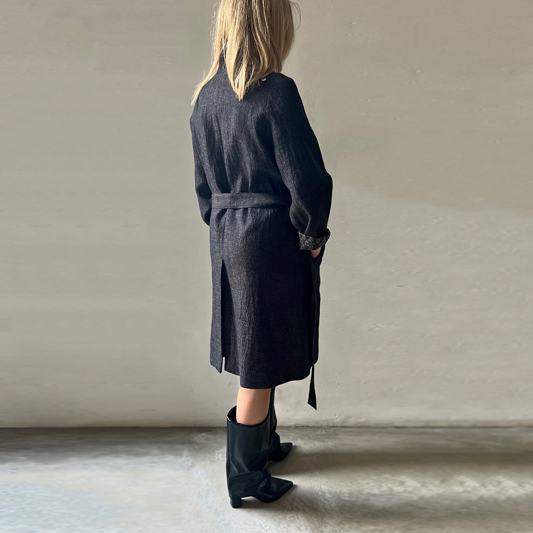Handcrafted linen trench coat in black with silk lining belt and pockets