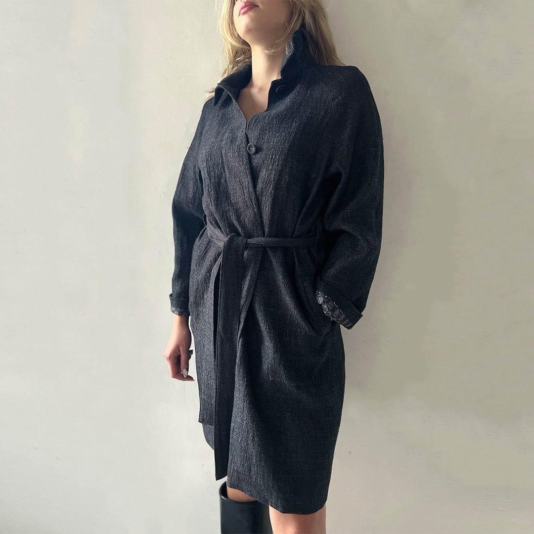 Handcrafted linen trench coat in black with silk lining belt and pockets