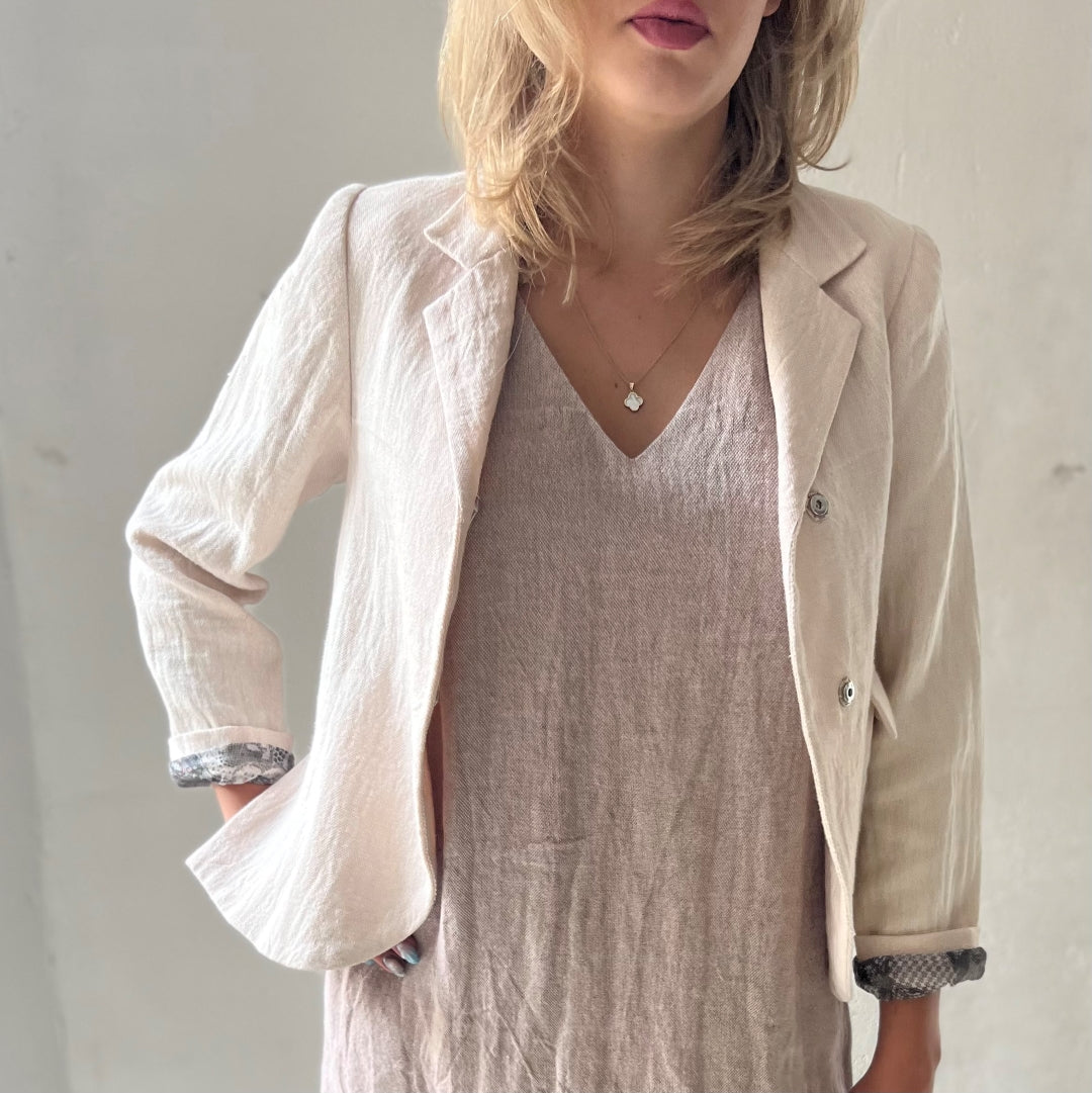 Handwoven Linen Jacket in powder with silk lining