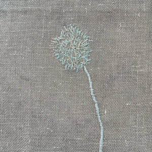 Linen table runner in natural with embroidered 5 blue dandelions 50x150 cm