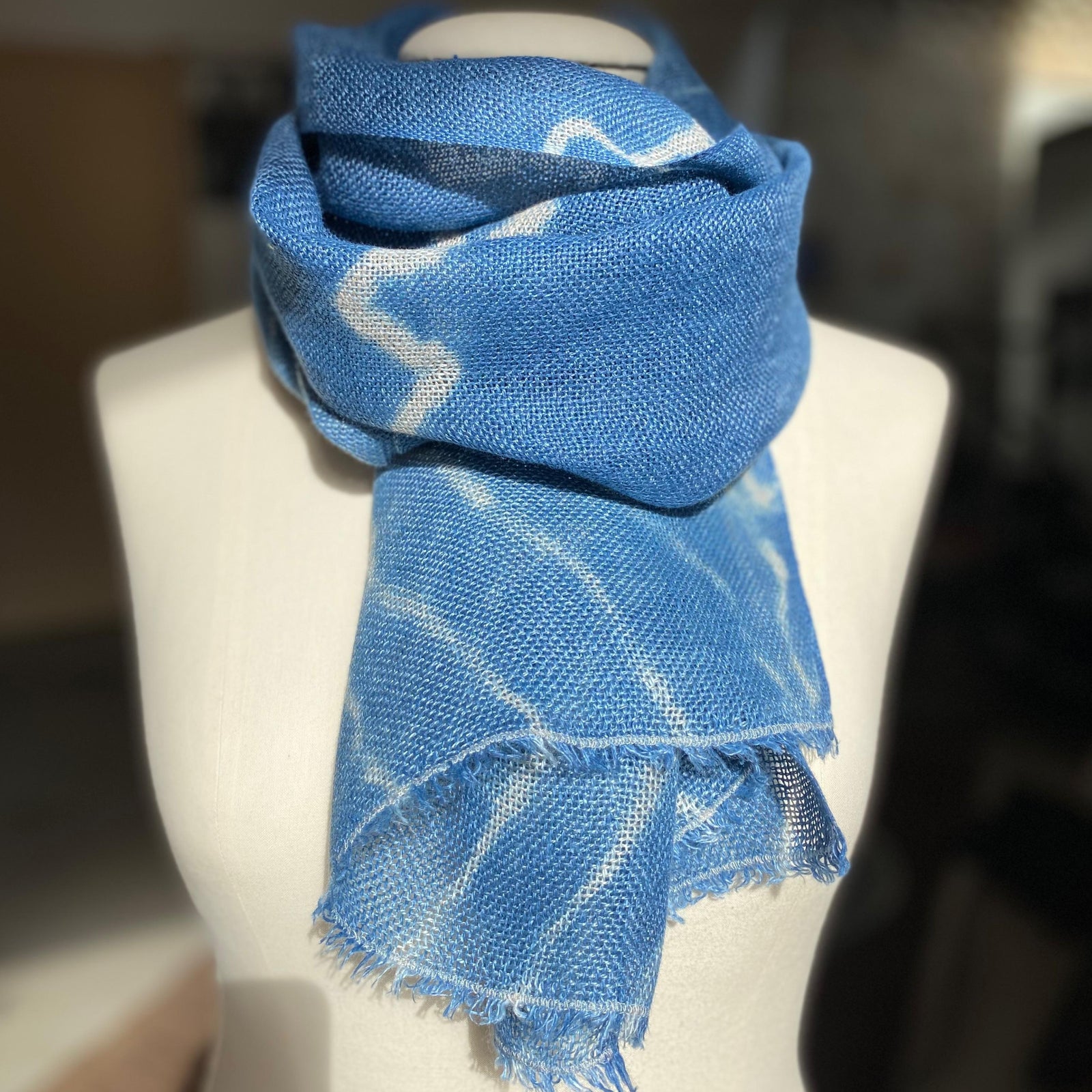 Linen scarf Waves in denim blue 45x170 cm