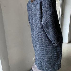 Oversized hand woven boucle linen coat in blue and black