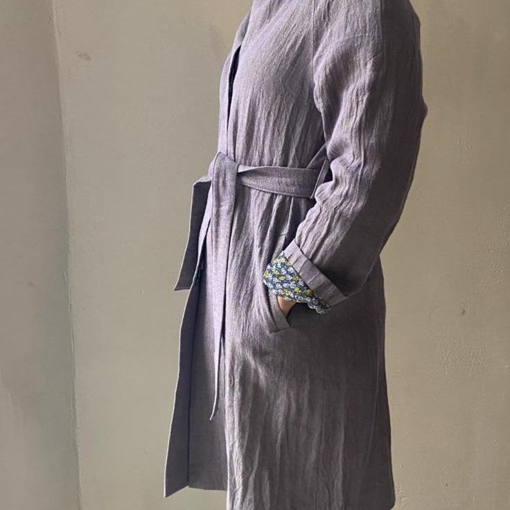 Linen trench coat in lavender with silk lining
