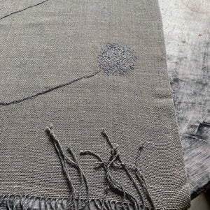 Linen table runner Anna Pienene 50x140cm with floral motif in natural grey