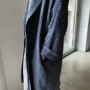 Oversized hand woven boucle linen coat in blue and black