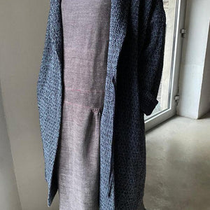 Oversized hand woven boucle linen coat in blue and black