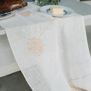 Linen table runner Anna in white with embroidered flowers 50x150cm