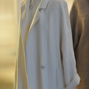 Hand woven Jacquard linen coat with silk lining in white