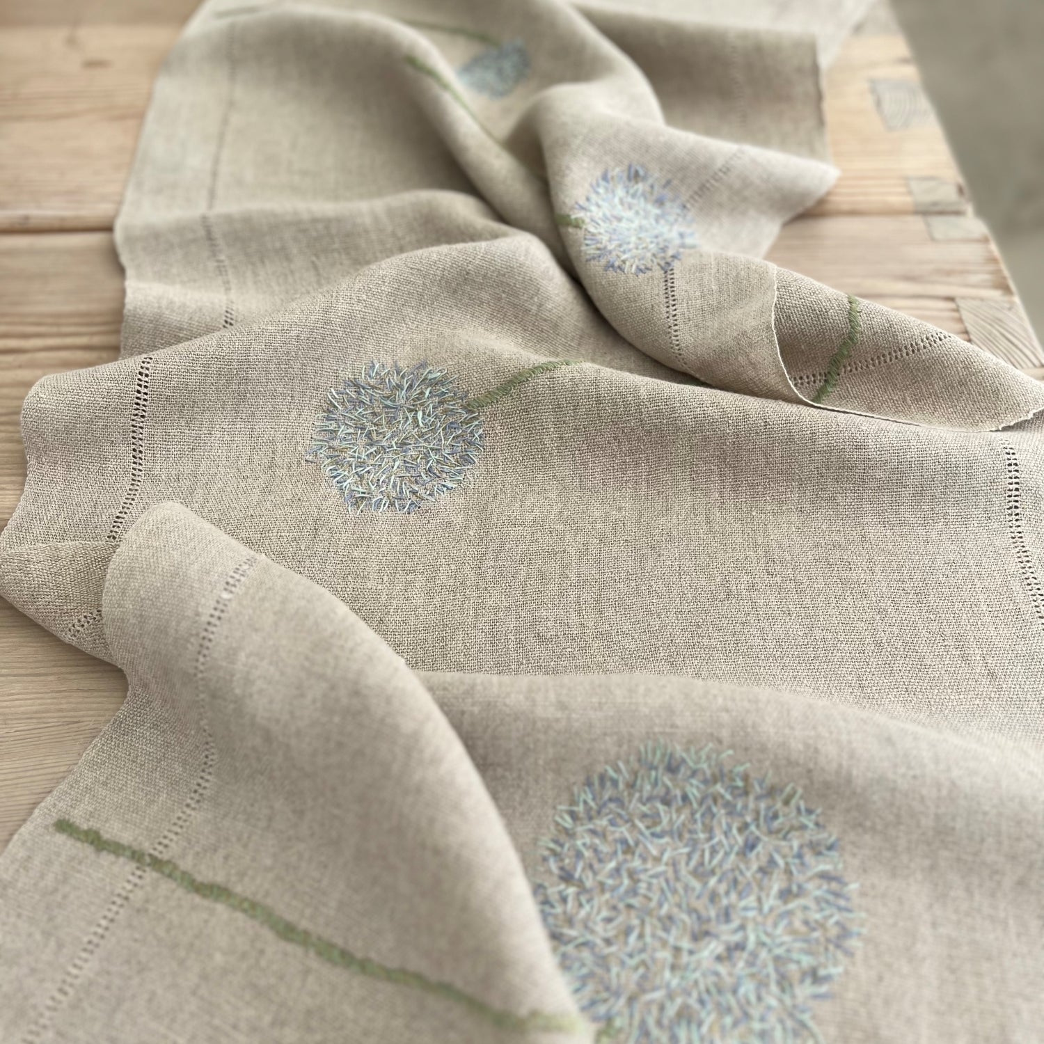 Handwoven Linen table runner Ieva in natural with embroidered flowers 50x150cm