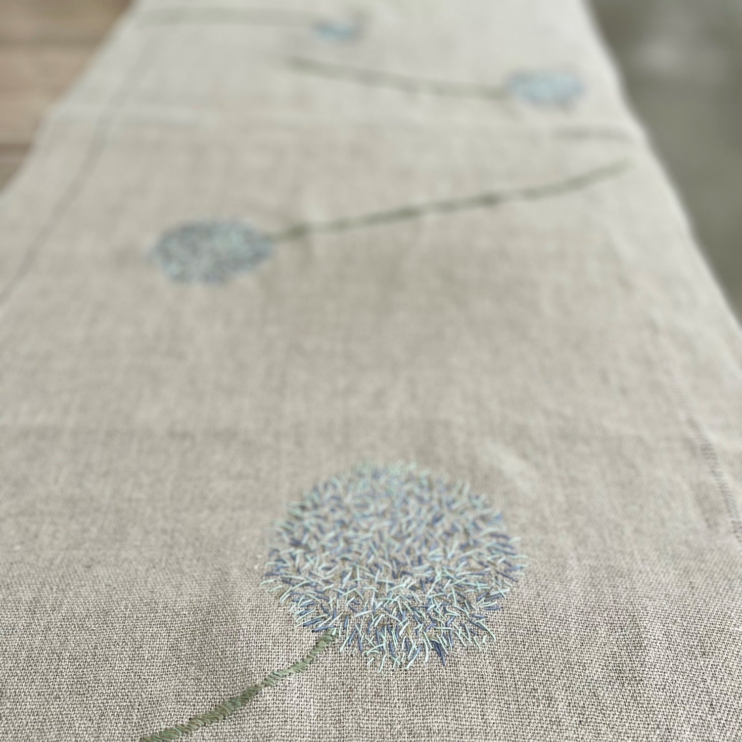 Handwoven Linen table runner Ieva in natural with embroidered flowers 50x150cm