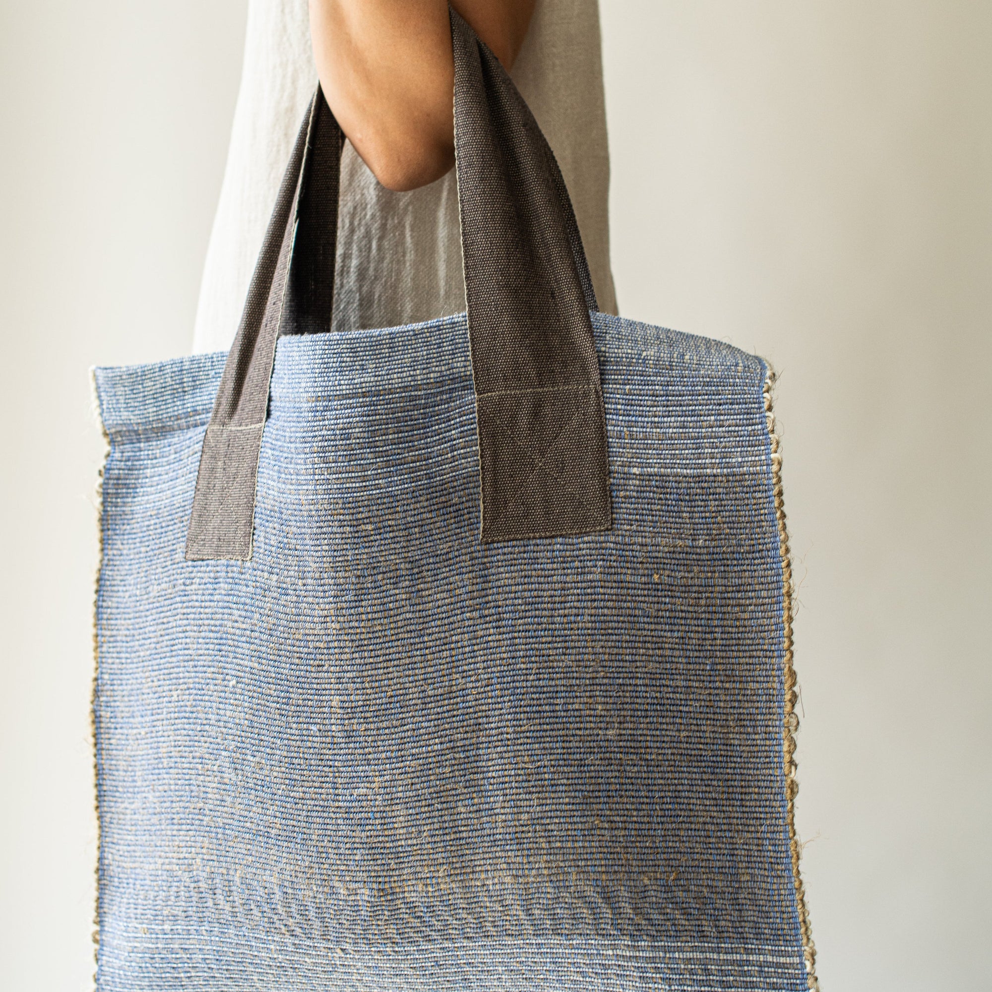 Linen shopper bag in grey and purple 47x54cm