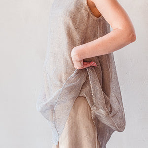 Hand woven sleeveless linen dress with silk lining in grey