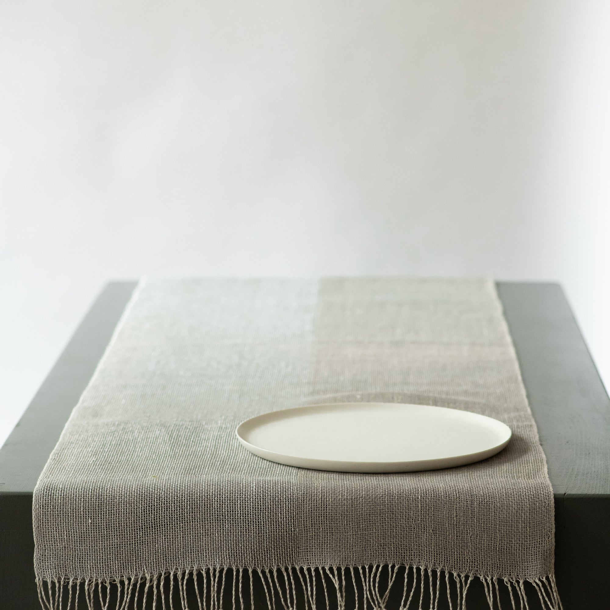 Fringed linen table runner  50x170cm in natural and grey