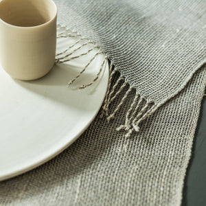 Fringed linen table runner  50x170cm in natural and grey