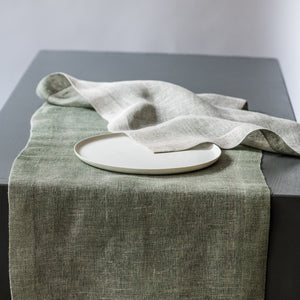 Double woven linen table runner Tinita 45x170cm in light green and natural