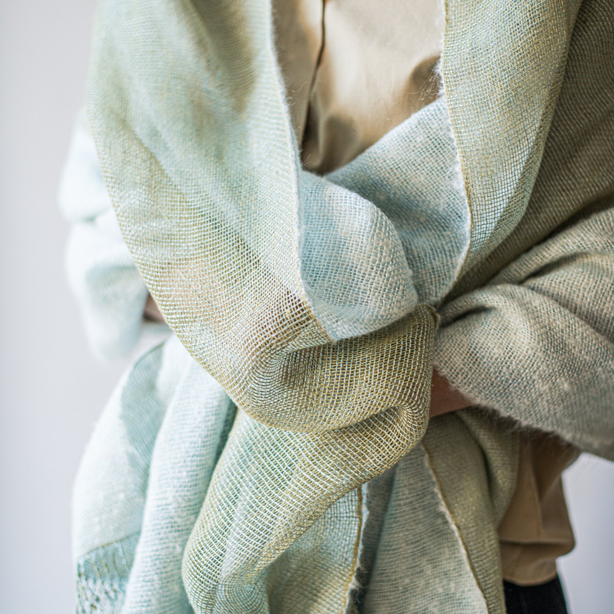 Linen Mohair double layered scarf 70x220cm in khaki and blue